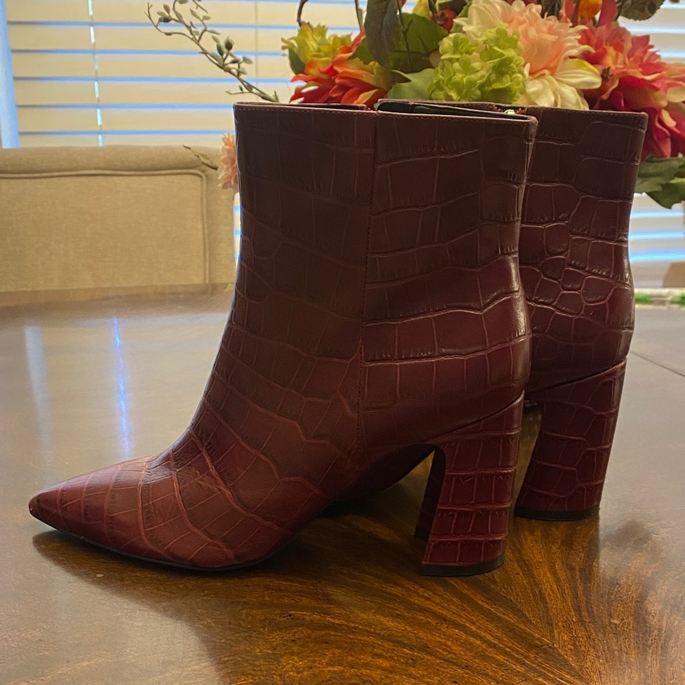 Marc Fisher Dark Red Croc-Embossed Ankle Booties